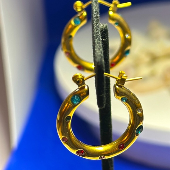 Hoop Earrings With Colored CZ Stones - Picture 4 of 5